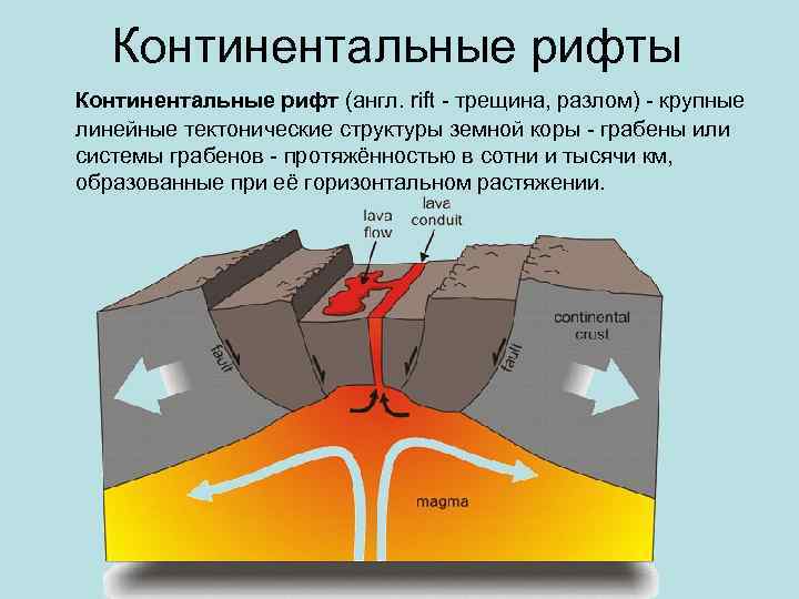 Континентальные рифты Континентальные рифт (англ. rift - трещина, разлом) - крупные линейные тектонические структуры