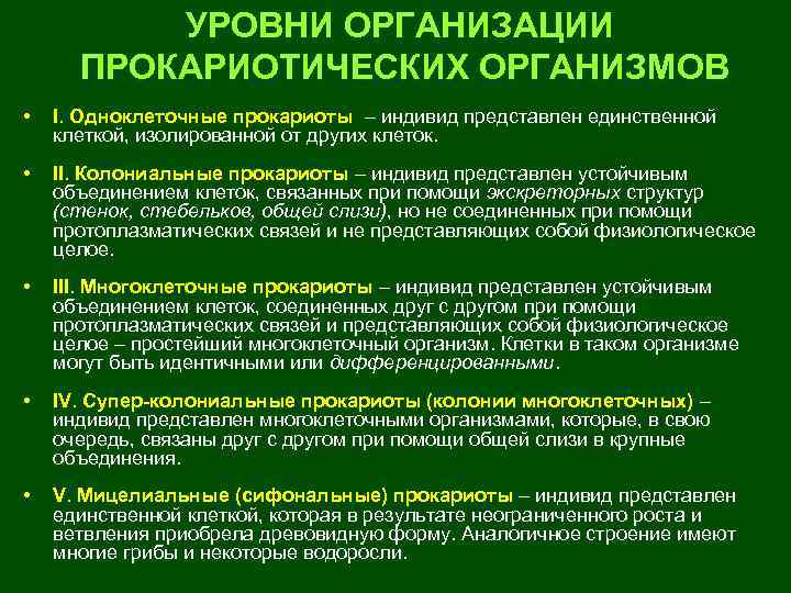 УРОВНИ ОРГАНИЗАЦИИ ПРОКАРИОТИЧЕСКИХ ОРГАНИЗМОВ • I. Одноклеточные прокариоты – индивид представлен единственной клеткой, изолированной