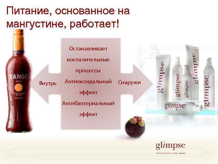 Питание, основанное на мангустине, работает! Останавливает воспалительные процессы Внутрь Антиоксидальный эффект Антибактериальный эффект Снаружи