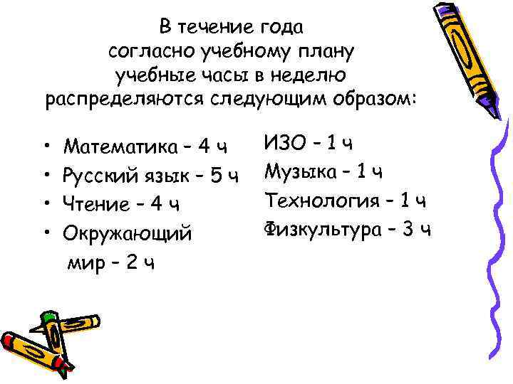 В течение года согласно учебному плану учебные часы в неделю распределяются следующим образом: •