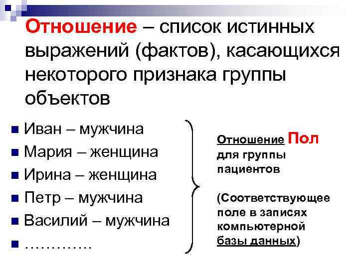 Отношение – список истинных выражений (фактов), касающихся некоторого признака группы объектов Иван – мужчина