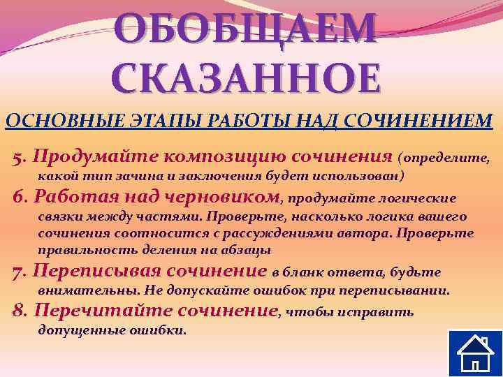 ОБОБЩАЕМ СКАЗАННОЕ ОСНОВНЫЕ ЭТАПЫ РАБОТЫ НАД СОЧИНЕНИЕМ 5. Продумайте композицию сочинения (определите, какой тип