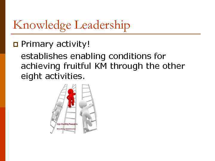 Knowledge Leadership p Primary activity! establishes enabling conditions for achieving fruitful KM through the