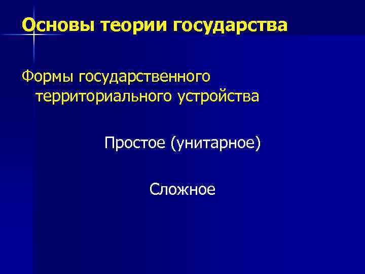 Основы теории государства Формы государственного территориального устройства Простое (унитарное) Сложное 