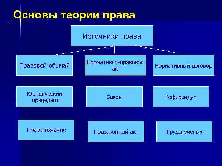 Основы теории права Источники права Правовой обычай Нормативно-правовой акт Юридический прецедент Закон Правосознание Подзаконный