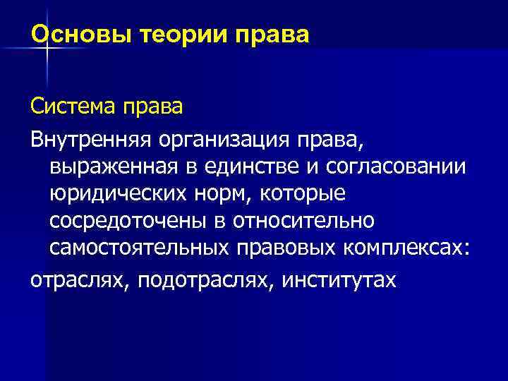 Основы теории права Система права Внутренняя организация права, выраженная в единстве и согласовании юридических