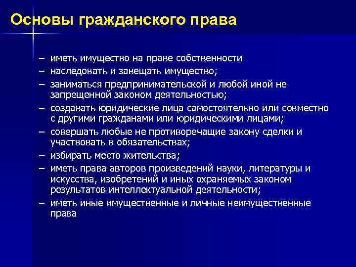 Основы гражданского права – иметь имущество на праве собственности – наследовать и завещать имущество;
