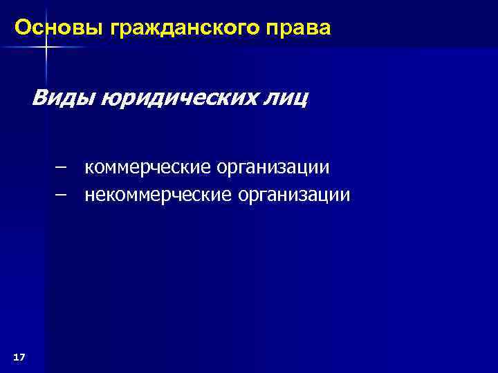Основы гражданского права Виды юридических лиц – – 17 коммерческие организации некоммерческие организации 