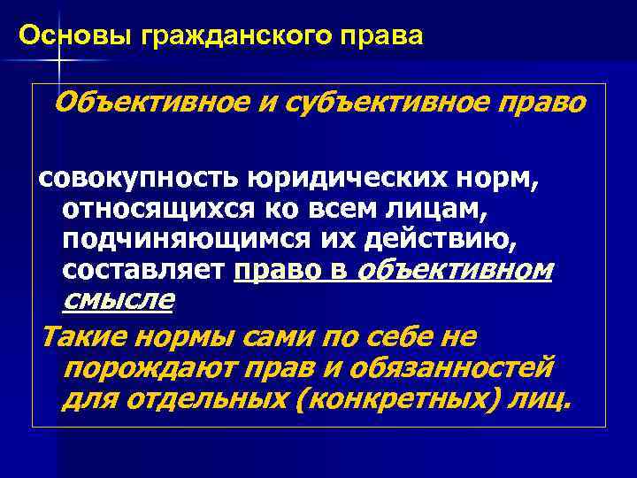 Основы гражданского права Объективное и субъективное право совокупность юридических норм, относящихся ко всем лицам,