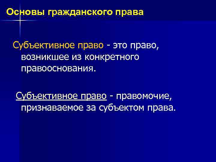 Основы гражданского права Субъективное право - это право, возникшее из конкретного правооснования. Субъективное право