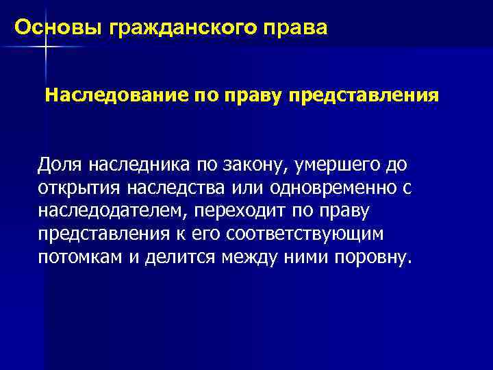 Основы гражданского права Наследование по праву представления Доля наследника по закону, умершего до открытия