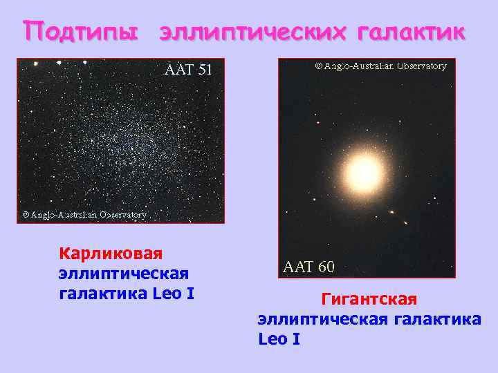 Подтипы эллиптических галактик Карликовая эллиптическая галактика Leo I Гигантская эллиптическая галактика Leo I 