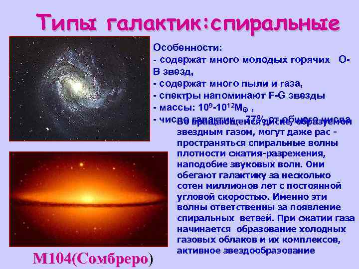 Типы галактик: спиральные Особенности: - содержат много молодых горячих OB звезд, - содержат много