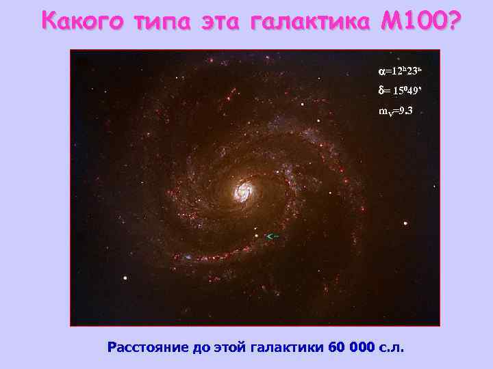 Какого типа эта галактика М 100? =12 h 23 ь = 15049’ m. V=9.