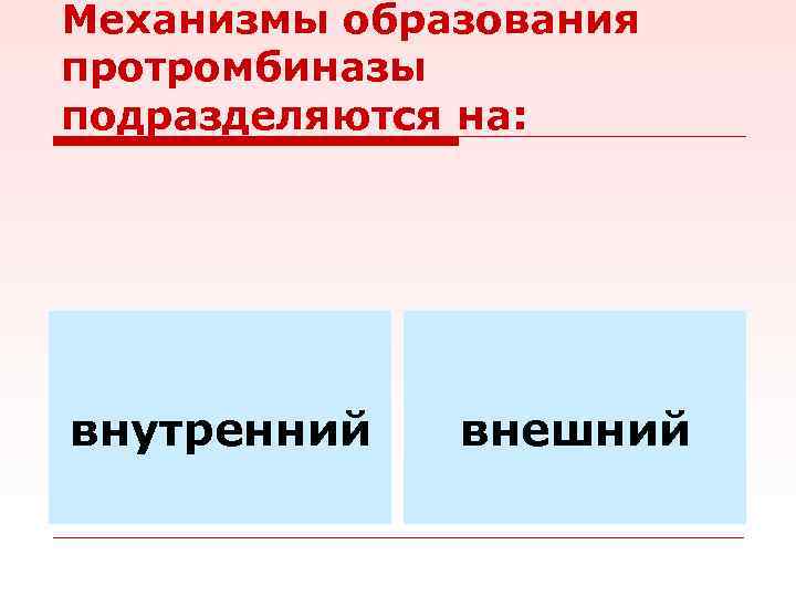 Механизмы образования протромбиназы подразделяются на: внутренний внешний 