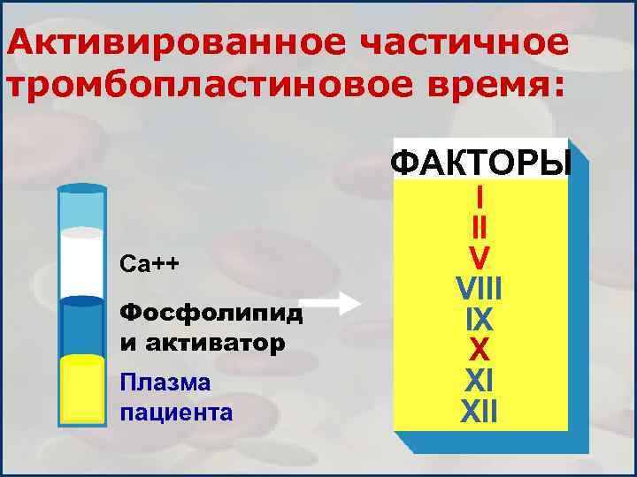 Активированное частичное тромбопластиновое время: ФАКТОРЫ Ca++ Фосфолипид и активатор Плазма пациента I II V