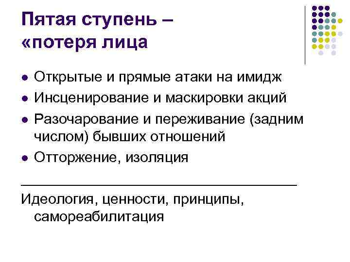 Пятая ступень – «потеря лица Открытые и прямые атаки на имидж l Инсценирование и