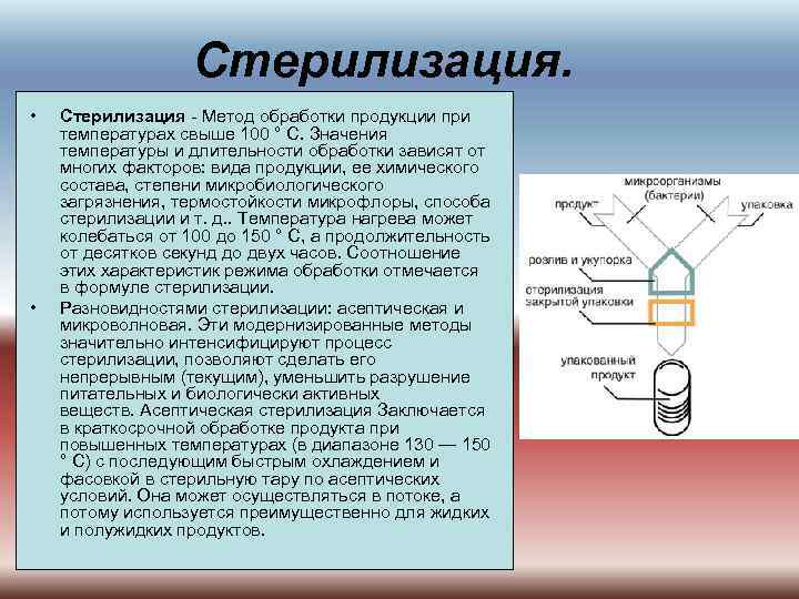 Стерилизация. • • Стерилизация - Метод обработки продукции при температурах свыше 100 ° С.