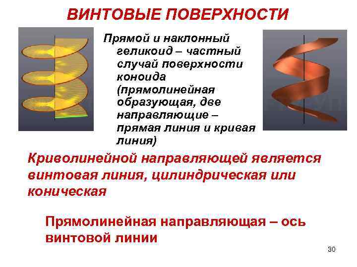 ВИНТОВЫЕ ПОВЕРХНОСТИ Прямой и наклонный геликоид – частный случай поверхности коноида (прямолинейная образующая, две