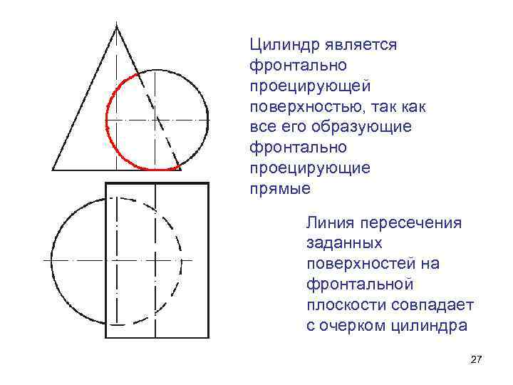 Одна из пересекающихся поверхностей является горизонтально проецирующей на чертеже