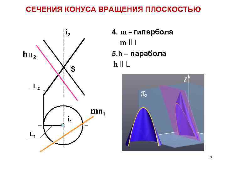 СЕЧЕНИЯ КОНУСА ВРАЩЕНИЯ ПЛОСКОСТЬЮ 4. m – гипербола m ll I 5. h –