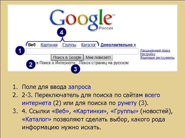 4 1 2 3 1. Поле для ввода запроса 2. 2 -3. Переключатель для