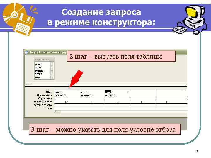 Создание запроса в режиме конструктора: 2 шаг – выбрать поля таблицы 3 шаг –