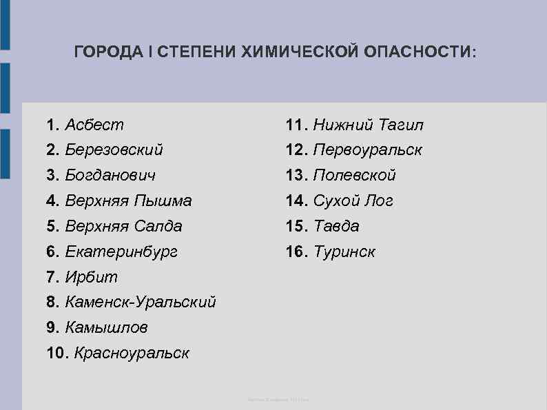 ГОРОДА I СТЕПЕНИ ХИМИЧЕСКОЙ ОПАСНОСТИ: 1. Асбест 11. Нижний Тагил 2. Березовский 12. Первоуральск