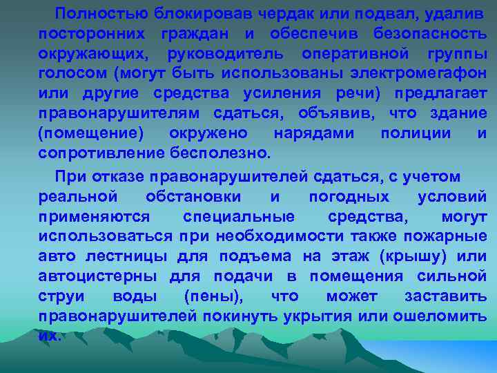 Полностью блокировав чердак или подвал, удалив посторонних граждан и обеспечив безопасность окружающих, руководитель оперативной