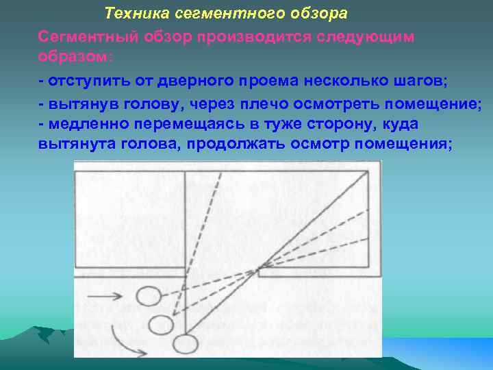 Техника сегментного обзора Сегментный обзор производится следующим образом: - отступить от дверного проема несколько