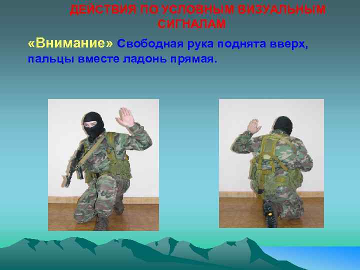 ДЕЙСТВИЯ ПО УСЛОВНЫМ ВИЗУАЛЬНЫМ СИГНАЛАМ «Внимание» Свободная рука поднята вверх, пальцы вместе ладонь прямая.