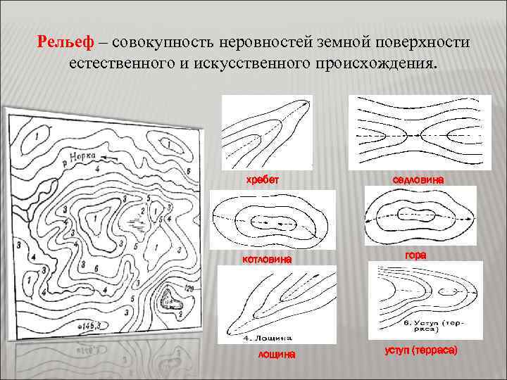 Рельеф – совокупность неровностей земной поверхности естественного и искусственного происхождения. хребет котловина лощина седловина