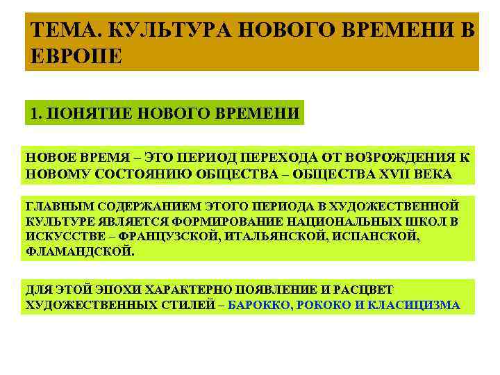 ТЕМА. КУЛЬТУРА НОВОГО ВРЕМЕНИ В ЕВРОПЕ 1. ПОНЯТИЕ НОВОГО ВРЕМЕНИ НОВОЕ ВРЕМЯ – ЭТО