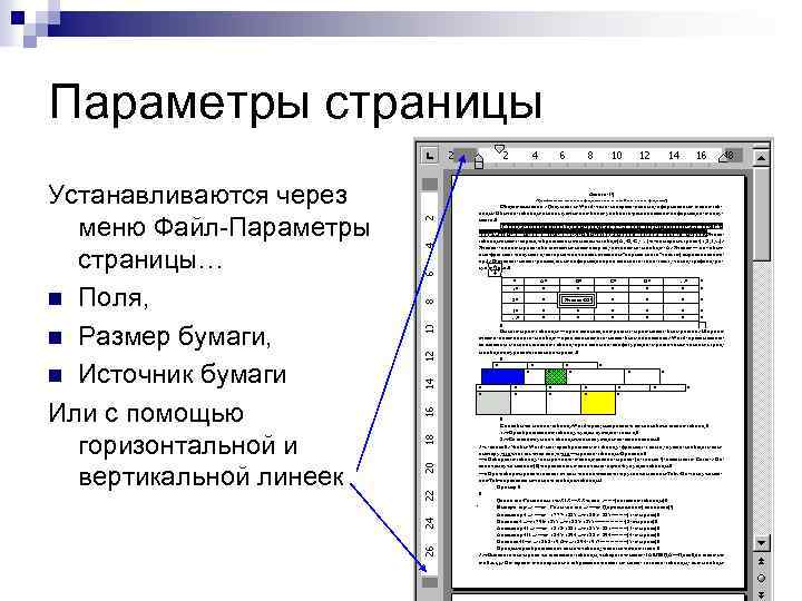 Параметры страницы Устанавливаются через меню Файл-Параметры страницы… n Поля, n Размер бумаги, n Источник