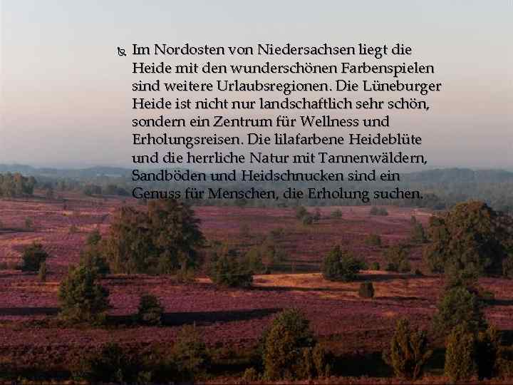  Im Nordosten von Niedersachsen liegt die Heide mit den wunderschönen Farbenspielen sind weitere