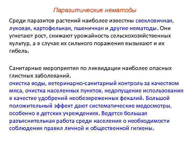 Паразитические нематоды Среди паразитов растений наиболее известны свекловичная, луковая, картофельная, пшеничная и другие нематоды.