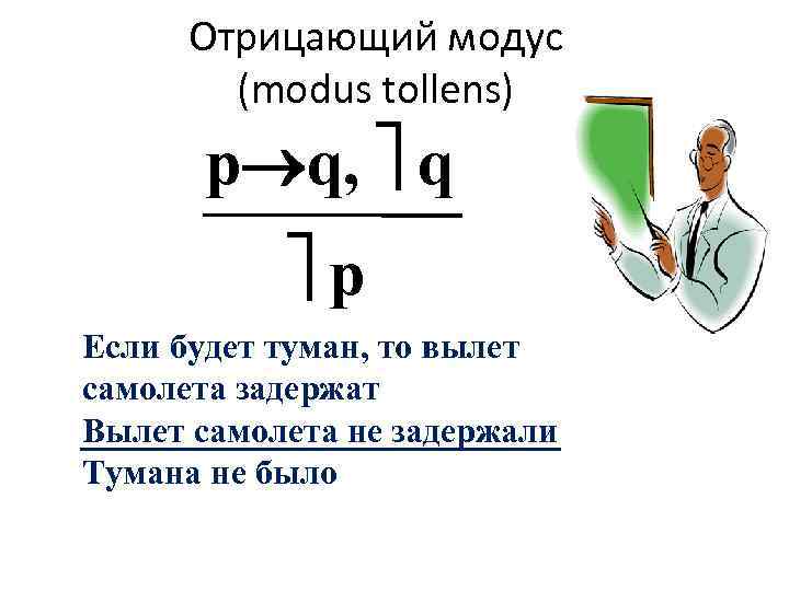 Отрицающий модус (modus tollens) p q, q p Если будет туман, то вылет самолета