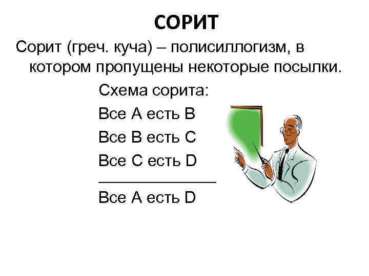 СОРИТ Сорит (греч. куча) – полисиллогизм, в котором пропущены некоторые посылки. Схема сорита: Все