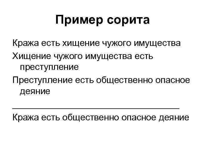 Пример сорита Кража есть хищение чужого имущества Хищение чужого имущества есть преступление Преступление есть