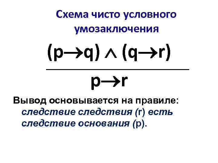 Схема чисто условного умозаключения (p q) (q r) p r Вывод основывается на правиле: