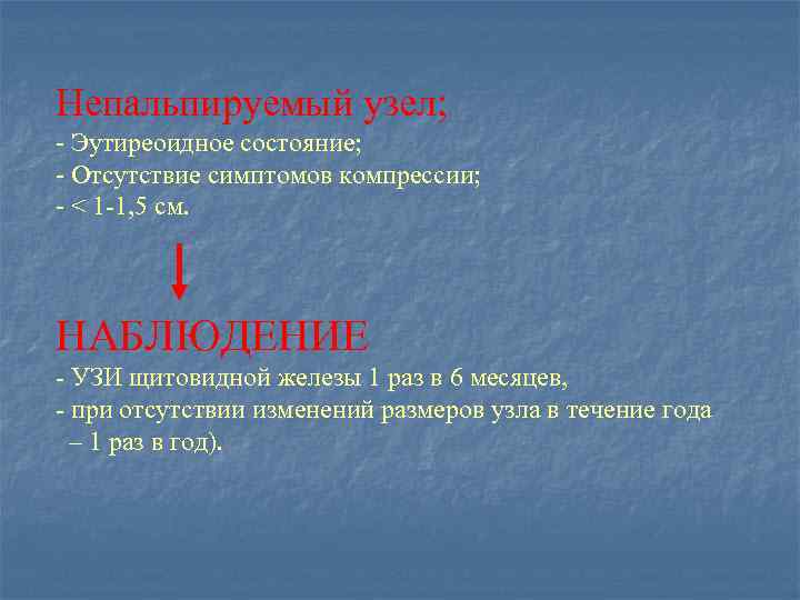 Непальпируемый узел; - Эутиреоидное состояние; - Отсутствие симптомов компрессии; - < 1 -1, 5