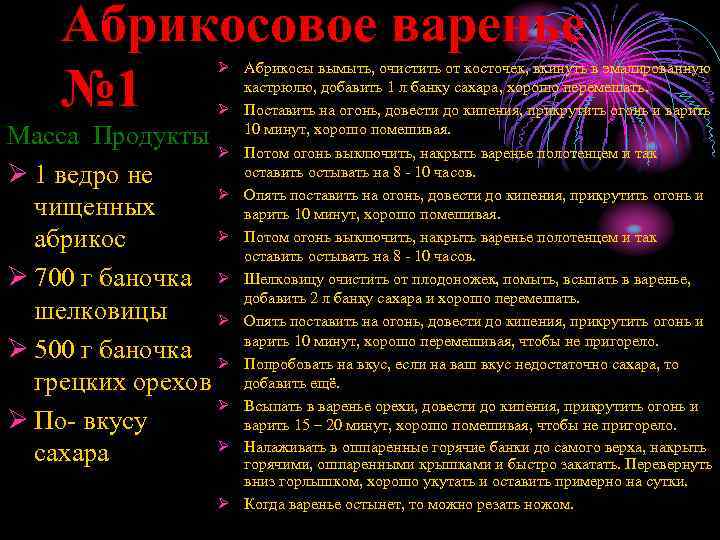 Абрикосовое варенье № 1 Масса Продукты Ø 1 ведро не чищенных абрикос Ø 700