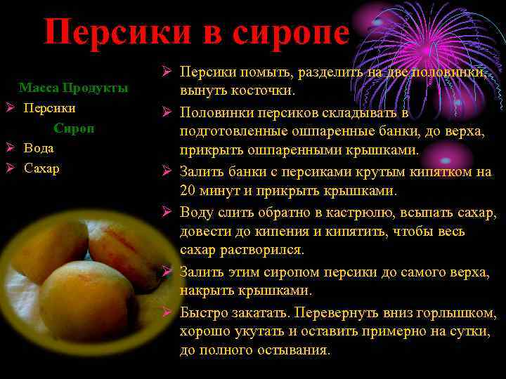 Персики в сиропе Масса Продукты Ø Персики Сироп Ø Вода Ø Сахар Ø Персики