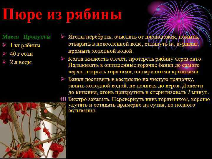 Пюре из рябины Масса Продукты Ø 1 кг рябины Ø 40 г соли Ø