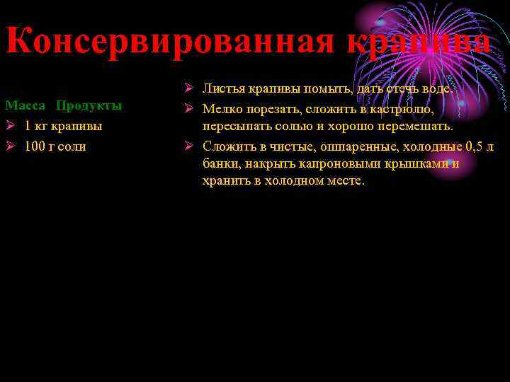 Консервированная крапива Масса Продукты Ø 1 кг крапивы Ø 100 г соли Ø Листья