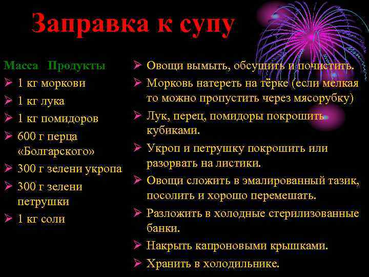 Заправка к супу Масса Продукты Ø 1 кг моркови Ø 1 кг лука Ø