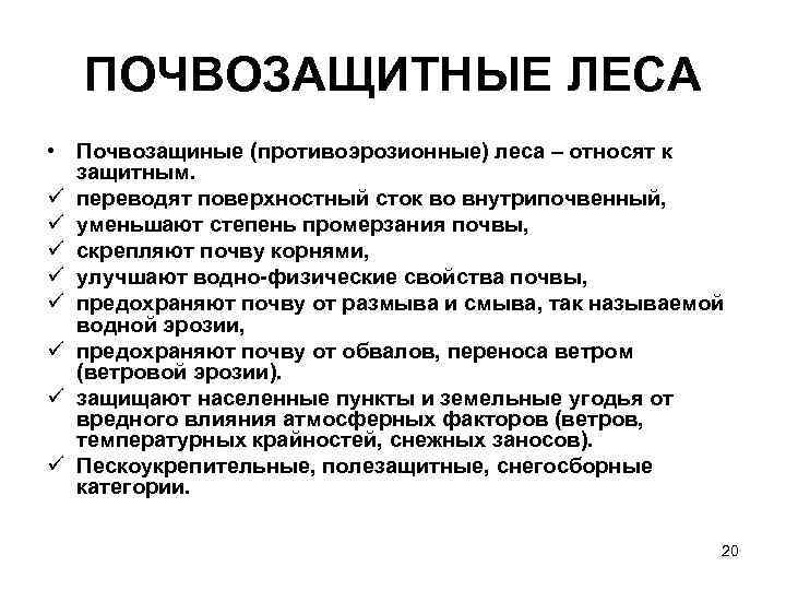 ПОЧВОЗАЩИТНЫЕ ЛЕСА • Почвозащиные (противоэрозионные) леса – относят к защитным. ü переводят поверхностный сток