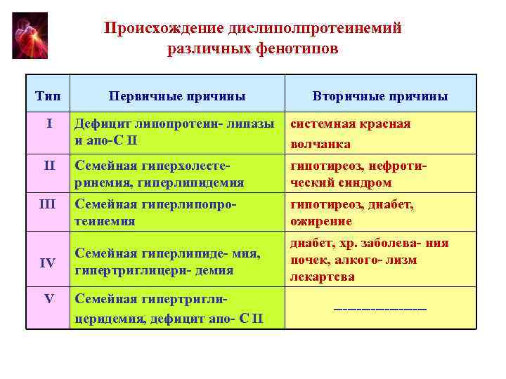 Происхождение дислиполпротеинемий различных фенотипов Тип Первичные причины I Дефицит липопротеин- липазы и апо-С II
