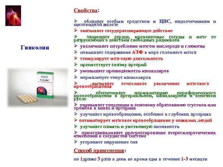 Свойства: Гинколин Ø обладает особым сродством к ЦНС, надпочечникам и щитовидной железе Ø оказывает