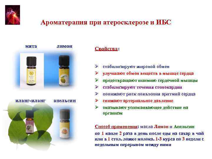 Ароматерапия при атеросклерозе и ИБС мята иланг-иланг лимон апельсин Свойства: Ø Ø Ø Ø